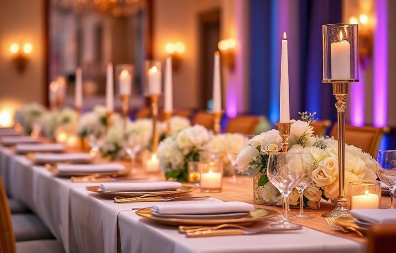 Reception tablescape with gold service and white florals